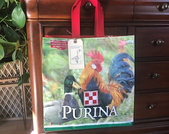 Reusable tote made from a recycled chicken feed sack / up cycled and eco friendly