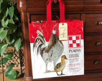 Up cycled flock raiser grain bag made into a reusable tote / eco friendly shopping