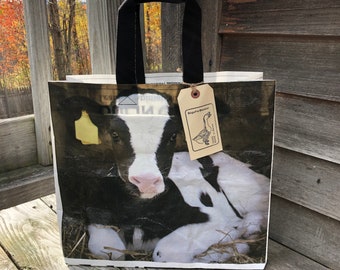Recycled calf grain bag made into a reusable tote / up cycled