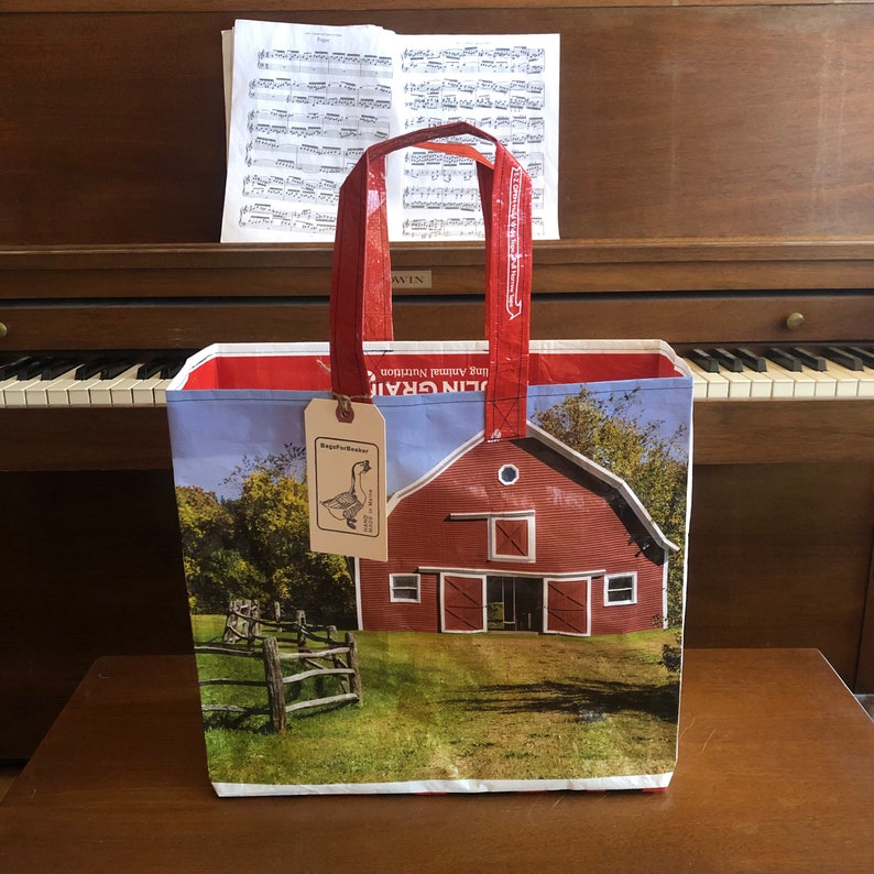 Recycled animal feed bag with red barn made into a ...