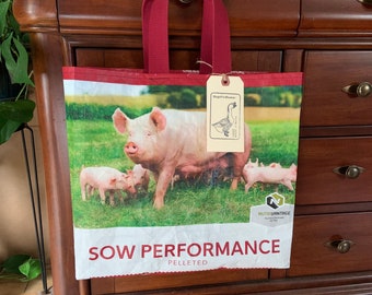 Recycled pig feed tote / sow and piglets / reusable bag / repurposed grain bag / market tote / up cycled feed bag
