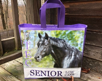 Up cycled grain bag tote / purple horse tote / black horse / reusable bag / recycled grain bag / up cycled feed sack / market tote
