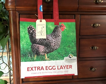 Up cycled barred rock chicken grain bag made into a reusable tote from a recycled feed sack
