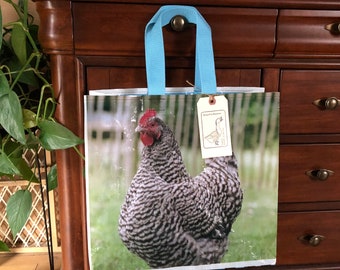Up cycled barred rock hen tote made from a recycled chicken grain bag / reusable