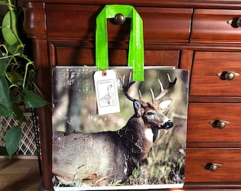 Up cycled deer feed tote bag with your choice of handles / reusable bag