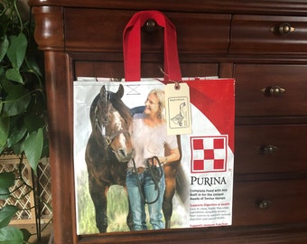 Recycled horse grain bag made into a reusable tote / reusable and eco friendly