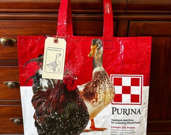 Up cycled flock raiser grain bag made into a reusable tote / eco friendly shopping