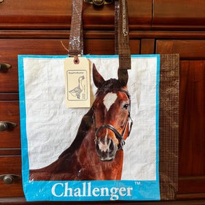 Recycled horse feed bag made into a reusable tote / up cycled and eco friendly