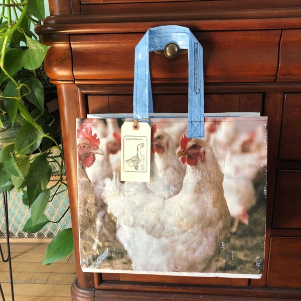 Up cycled chicken feed bag / reusable bag / recycled grain bag / repurposed feed bag / chicken tote