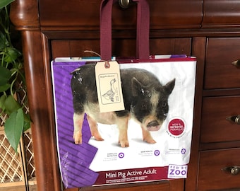 Recycled black mini pig feed bag made into a reusable tote bag / gift size