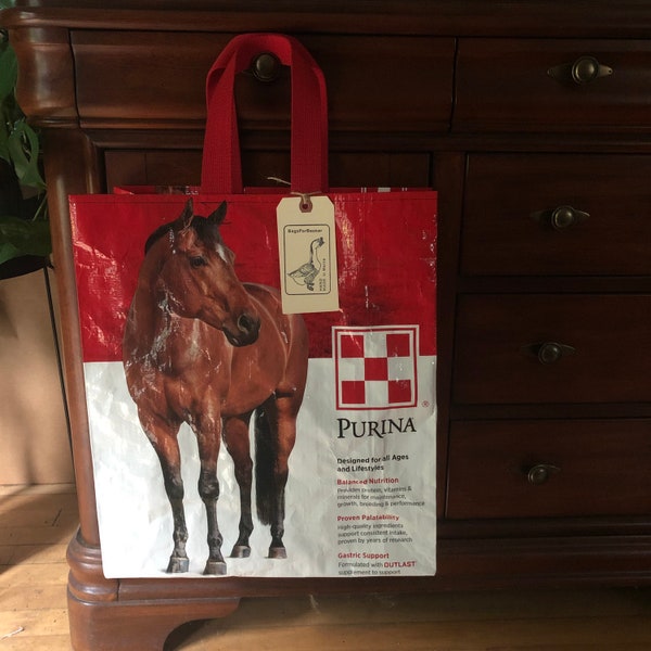 Recycled horse feed bag made into a reusable tote / up cycled and eco friendly