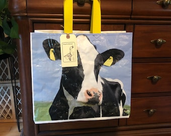 Recycled Holstein cow grain bag made into a reusable tote / up cycled and eco friendly