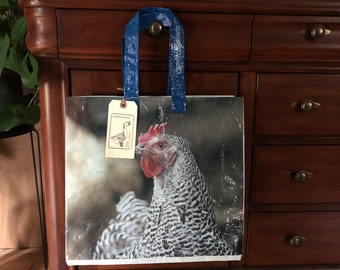 Up cycled grain bag tote / chicken tote / barred rock / market bag / grocery bag/ tote bag / recycled / reusable bag / upcycled grain bag