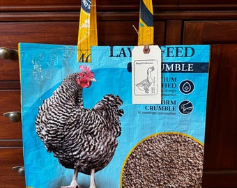 Recycled barred rock chicken grain bag made into a reusable tote / recycled / up cycled