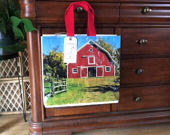 Recycled animal feed bag with red barn made into a reusable tote