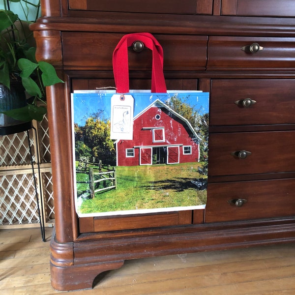 Recycled animal feed bag with red barn made into a reusable tote