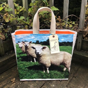 Up cycled grain bag tote / sheep tote / project bag / stash tote / recycled feed sack / recycled grain bag / market tote