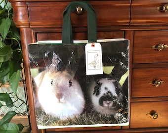 Up cycled grain bag tote/ rabbit tote/ bunnies/ recycled feed bag/ up cycled feed sack/ feed sack tote/ market tote