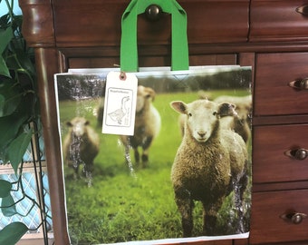 Up cycled sheep grain tote / recycled / reusable bag for market