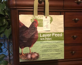 Up cycled chicken feed sack made into a reusable tote / Rhode Island Red hen / recycled and eco friendly