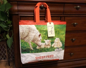 Upcycled Sheep Feed Sack Tote Bag, Reusable Grocery Bag