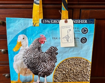Recycled barred rock chicken grain bag made into a reusable tote / recycled / up cycled