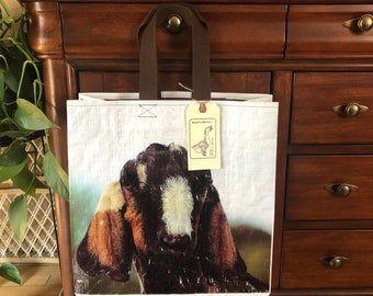 Up cycled grain bag tote / floppy ear goat / goat tote / recycled feed bag / up cycled feed sack / reusable bag