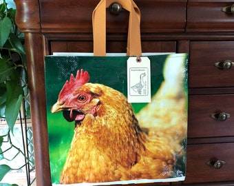 Up cycled golden chicken feed bag made into a reusable tote / recycled and eco friendly / repurposed grain bag