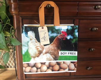 Up cycled grain bag tote / chicken tote / recycled grain bag / feed sack tote / reusable bag