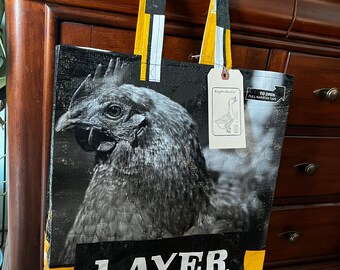 Up cycled grain bag tote/ chicken tote/ chicken/ market bag/ market tote/ shopping bag/ shopping tote/ feed sack tote/ tote bag/ recycled