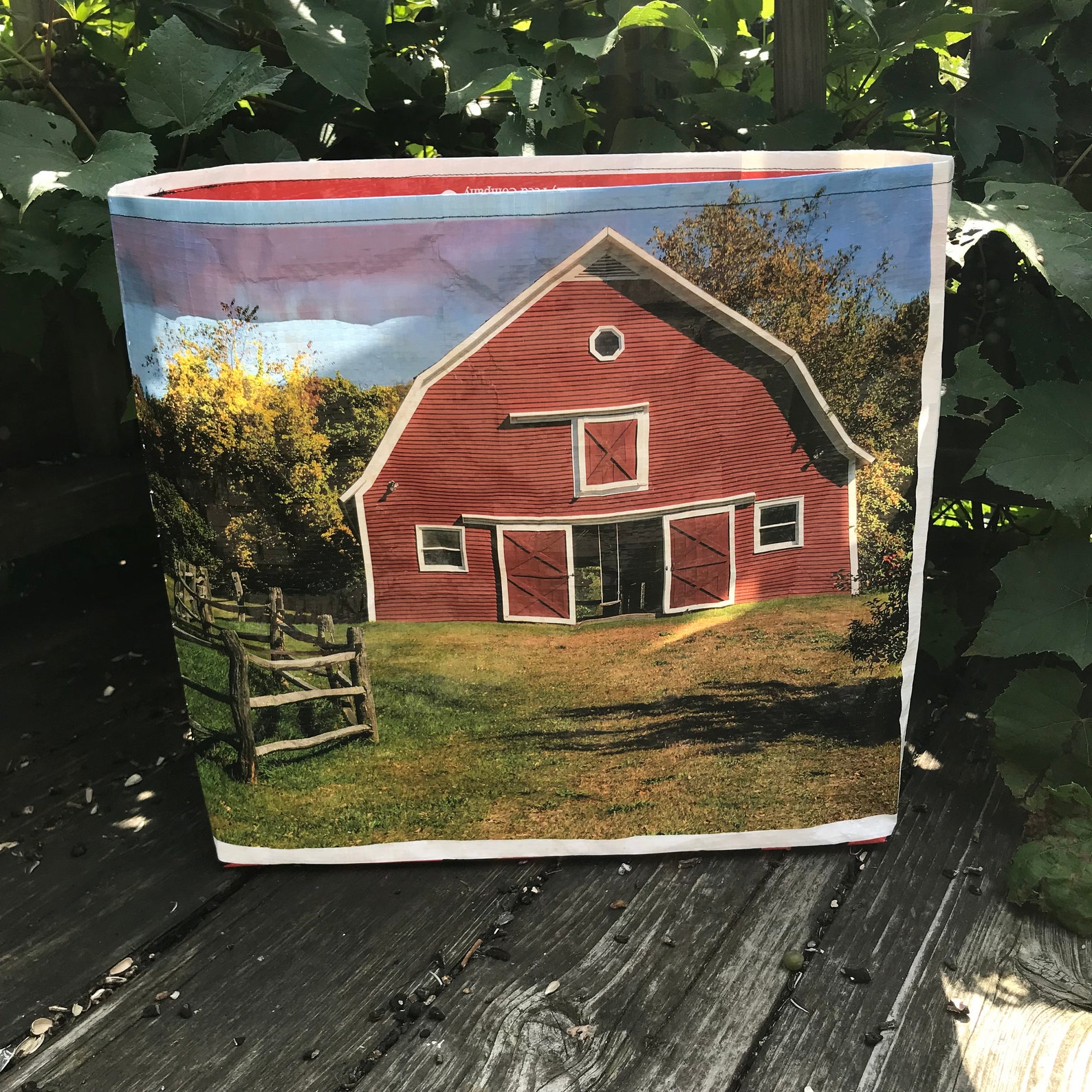 Recycled animal feed bag with red barn made into a reusable Etsy
