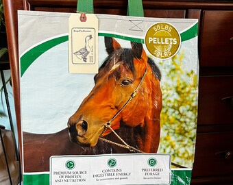 Recycled horse alfalfa pellet grain bag made into a reusable tote / up cycled feed sack