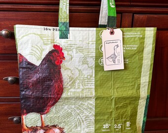 Upcycled Chicken Feed Sack Tote Bag: Rhode Island Red Hen