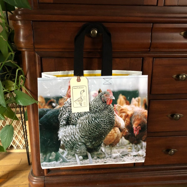 Up cycled grain bag tote / chicken tote/ barred rock / market bag / market tote / shopping bag / feed sack tote