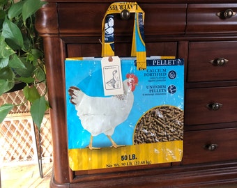 Recycled Delaware chicken grain bag made into a reusable tote / recycled / up cycled