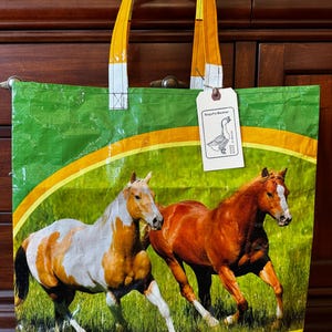 Recycled horse feed bag made into a reusable tote / up cycled and eco friendly