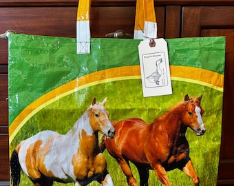 Recycled horse feed bag made into a reusable tote / up cycled and eco friendly