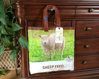 Recycled sheep grain bag made into a reusable tote / up cycled feed sack