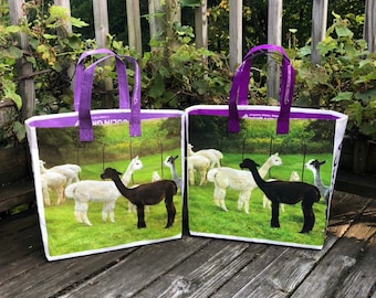 Upcycled grain bag tote/ llama tote/ llama/ recycled/ feed sack/ tote bag/ market tote/ market bag/ shopping tote/ grocery bag
