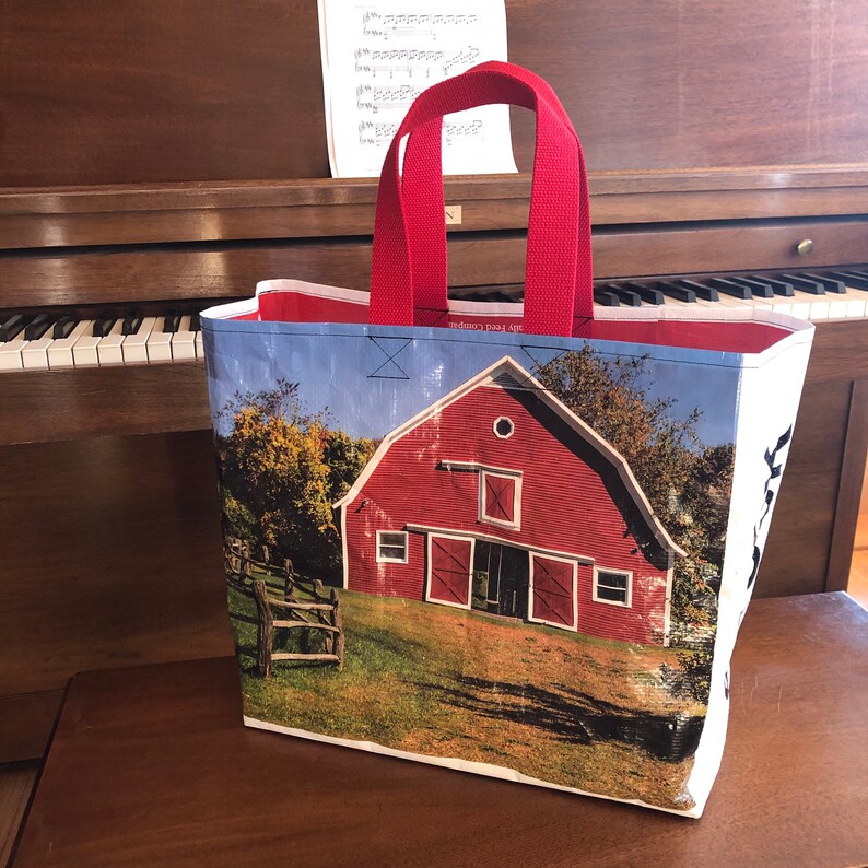 Recycled animal feed bag with red barn made into a ...