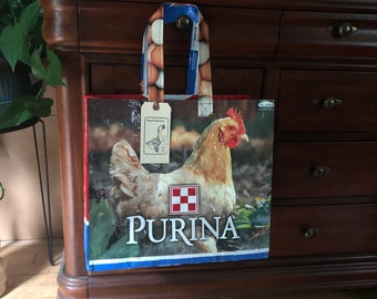 Up cycled grain bag tote / buff Orpington tote / repurposed grain bag / recycled feed sack / reusable bag / bag for groceries