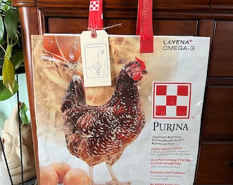 Up cycled grain bag made into a reusable tote from a chicken feed sack / recycled and eco friendly / speckled Sussex hen