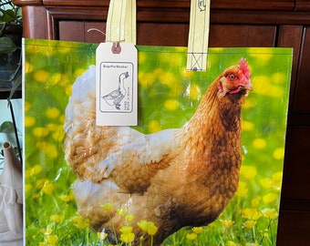 Up cycled golden chicken feed bag made into a reusable tote / recycled and eco friendly / repurposed grain bag