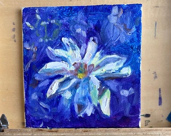 White Flower Oil Painting in purple, Mini original floral oil painting, small floral oil painting, daisy flower painting on canvas board