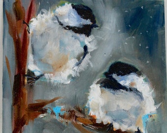 Original Chickadee Painting, Black Capped Chickadee painting small canvas, Oil Painting Chickadee, Bird Oil Painting, Impressionism Artwork