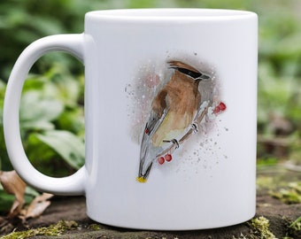 Cedar Waxwing Mug, Watercolor Bird, Ornithologist Gift, Watercolor Bird Painting, Bird Coffee Mug, Bohemian Waxwing, Bird Mug, Winter Bird