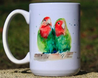 Lovebirds Mug, Parrot Coffee Mug , Lovebirds, Lovebirds Painting Mug, HandMade Bird Mug, Bird, Bird Pet Present, Parrot Gift, Parrot Gift