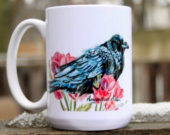 Raven Mug, Raven Coffee Mug with flowers, Corvid Bird Mug, Raven with flowers, Handmade Bird mug, Raven Charm, Raven Art, Raven Gift Idea