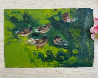 Ducks oil painting, mini duck painting, sleeping ducks painting, duck artwork, ducks, bird painting, small duck wall art, duck artwork