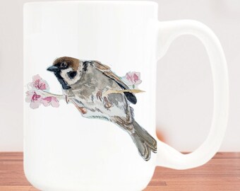 House Sparrow Coffee Mug, Watercolor Bird Art , House Sparrow Painting, HandMade Bird Mug, Bird Lover Gift, Bird Watcher Gift Idea